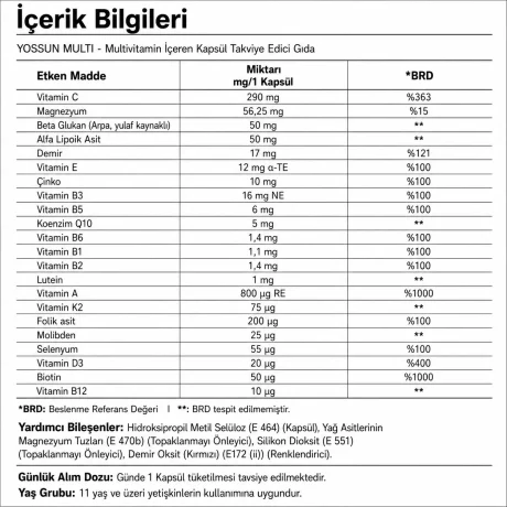 Yossun Multivitamin Multivitamin İçeren Kapsül Takviye Edici Gıda