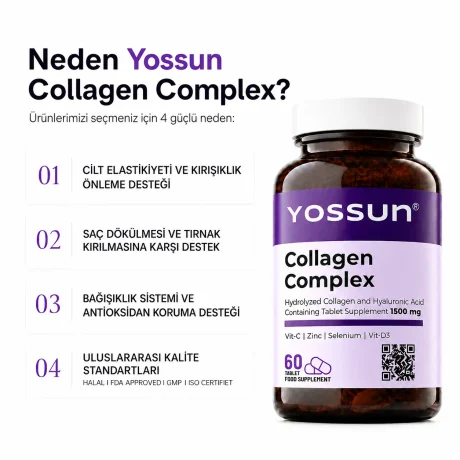 Yossun Collagen Complex, Hidrolize Kollajen ve Hyaluronik Asit İçeren Tablet Takviye Edici Gıda