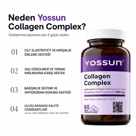 Yossun Collagen Complex, Hidrolize Kollajen ve Hyaluronik Asit İçeren Tablet Takviye Edici Gıda