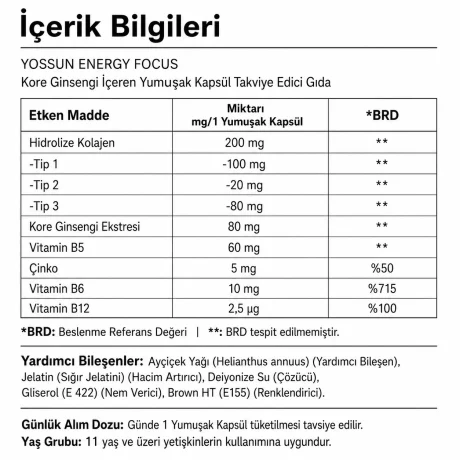 Yossun Energy Focus Kore Ginsengi İçeren Yumuşak Kapsül Takviye Edici Gıda