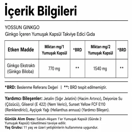 Yossun Ginkgo Biloba Ginkgo İçeren Yumuşak Kapsül Takviye Edici Gıda
