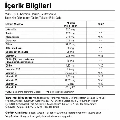Yossun L-Karnitin & Taurin Glutatyon ve Koenzim Q10 İçeren Tablet Takviye Edici Gıda