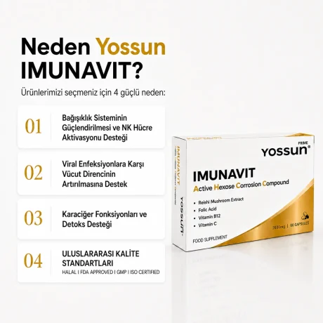 Yossun Prime IMUNAVIT IMUNAVIT Aktif Heksoz Korele Bileşik İçeren Kapsül Takviye Edici Gıda 60 Kapsül