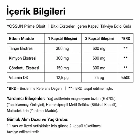Yossun Prime OBSIT Bitki Ekstreleri İçeren Kapsül Takviye Edici Gıda 60 Kapsül