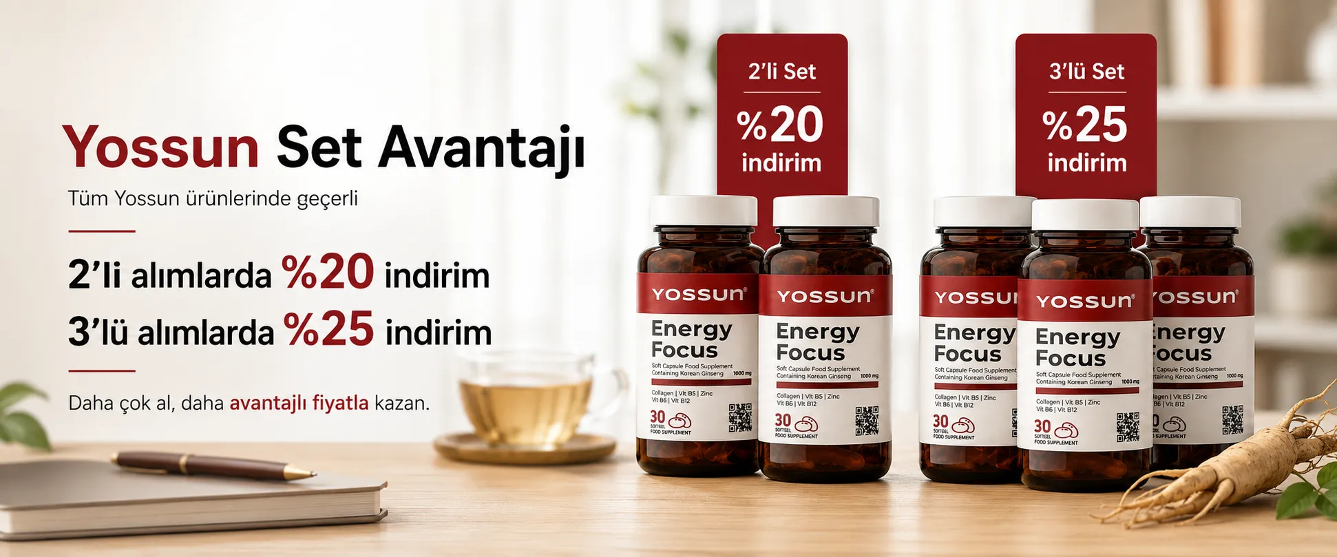 Yossun Energy Focus avantajlı set: 2'li sette %20, 3'lü sette %25 indirim. Odaklanma, enerji ve zihinsel performans desteği.