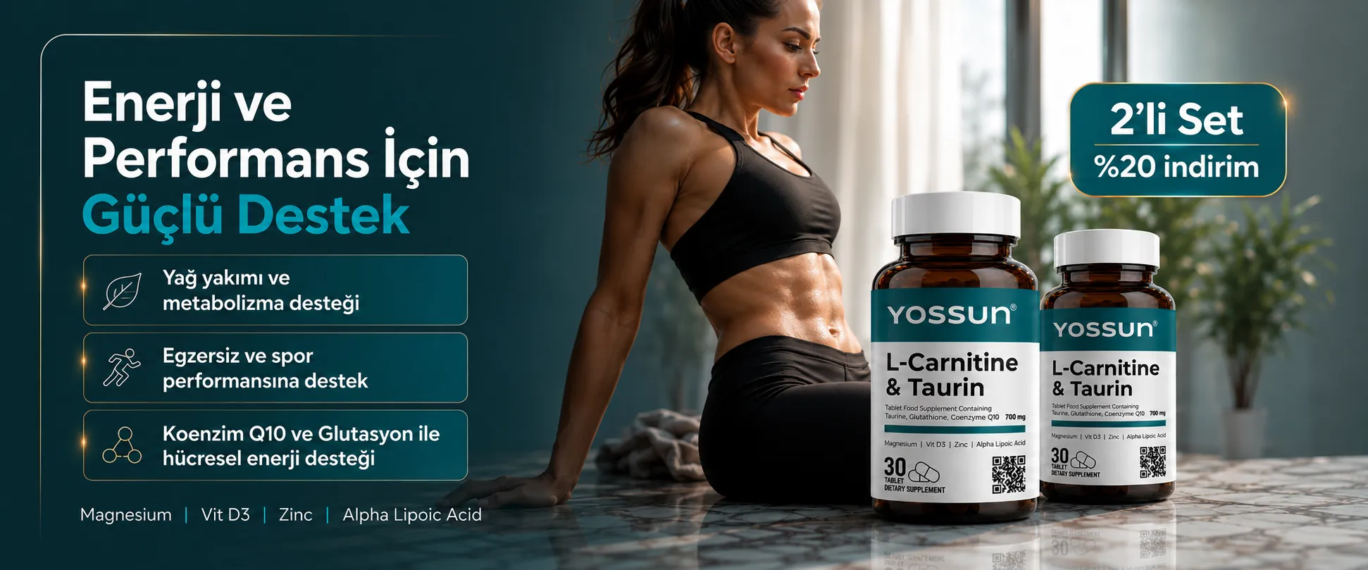Yossun L-Carnitine & Taurin avantajlı 2'li set: %20 indirim. Metabolizma, enerji ve spor performansı desteği.